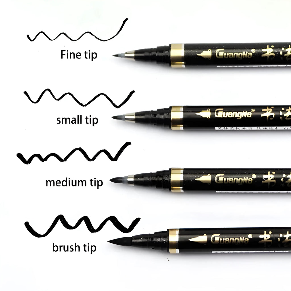 6-piece calligraphy pen set with soft brush nibs and plastic barrel in a gift box
