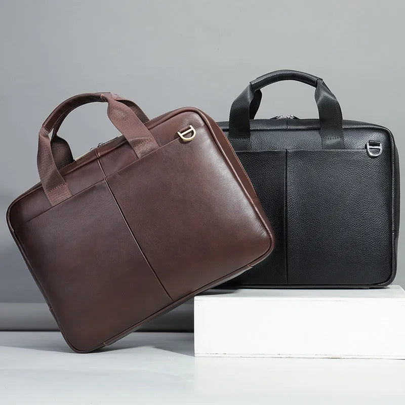 Genuine leather large capacity horizontal briefcase in black for men, first layer cowhide with sewing line detailing