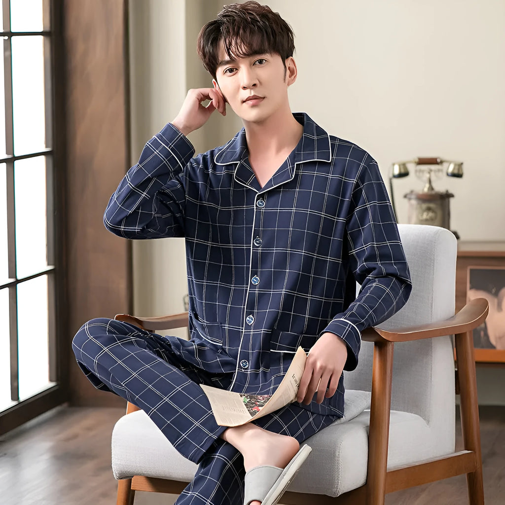Cotton cardigan pyjama set for men with long sleeves and button front in MT7301 colour