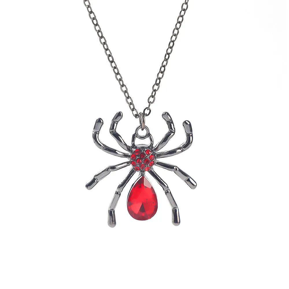 Silver electroplated gothic Halloween necklace with bat and spider pendant designs on a chain.