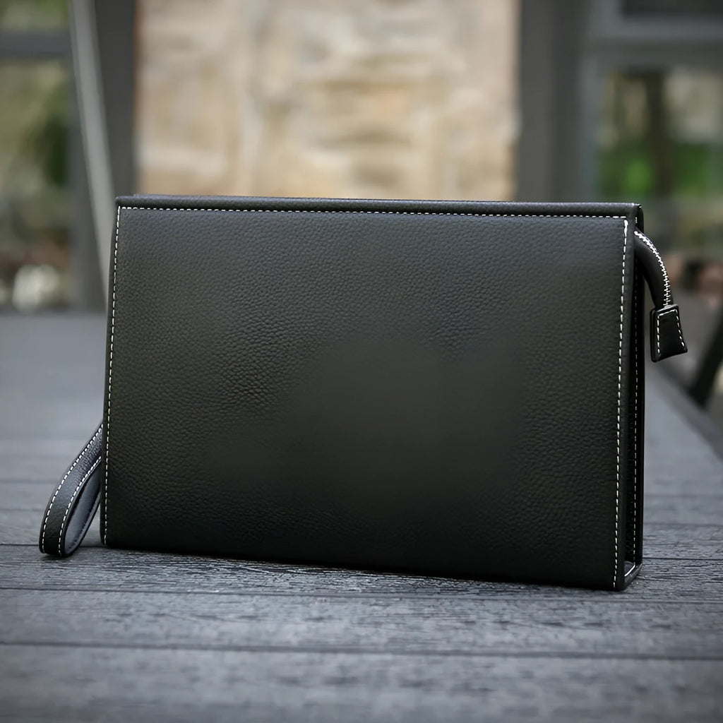 New Clutch Men's Briefcase Soft Leather Black PU Material Sewing Thread Business Handbag