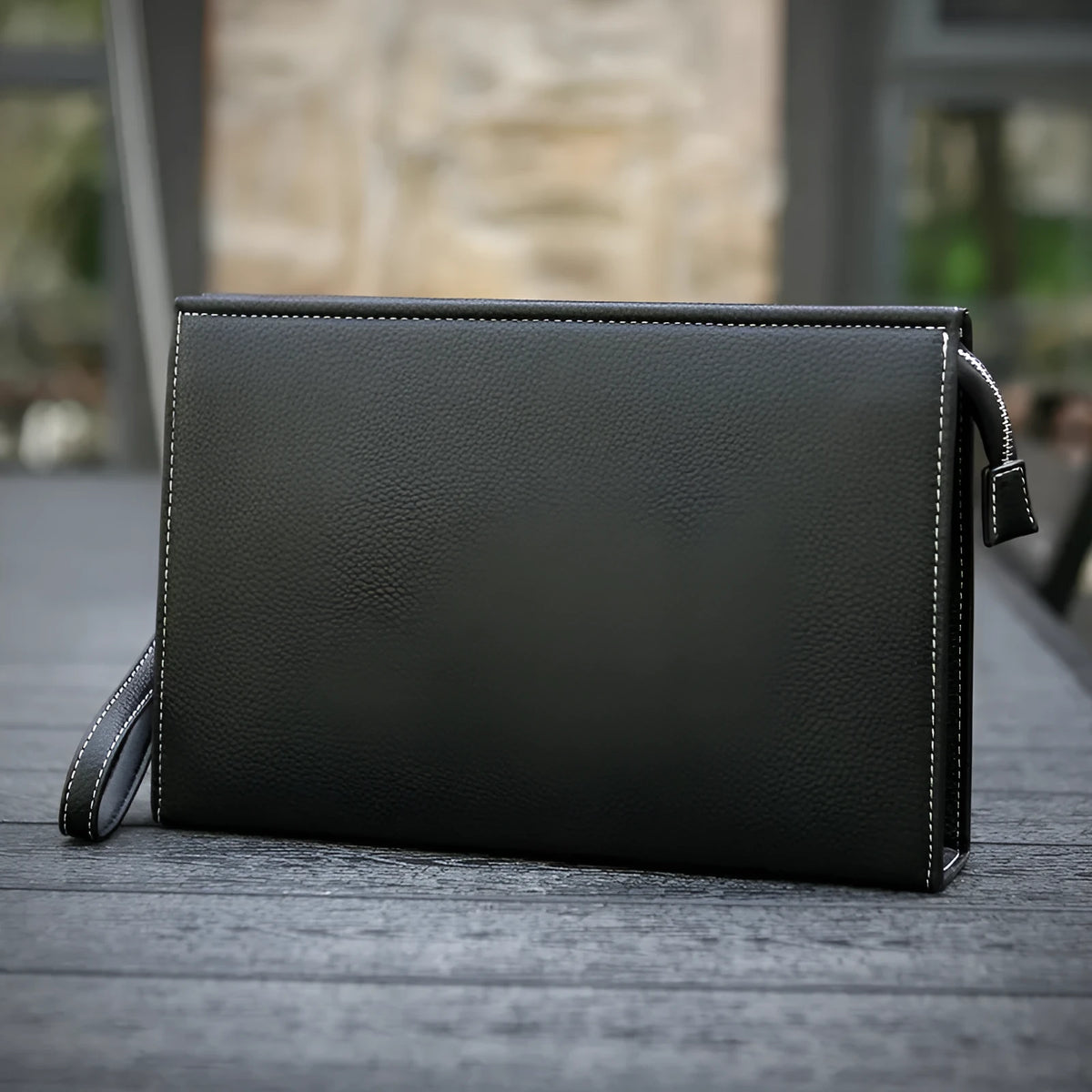 New Clutch Men's Briefcase Soft Leather Black PU Material Sewing Thread Business Handbag