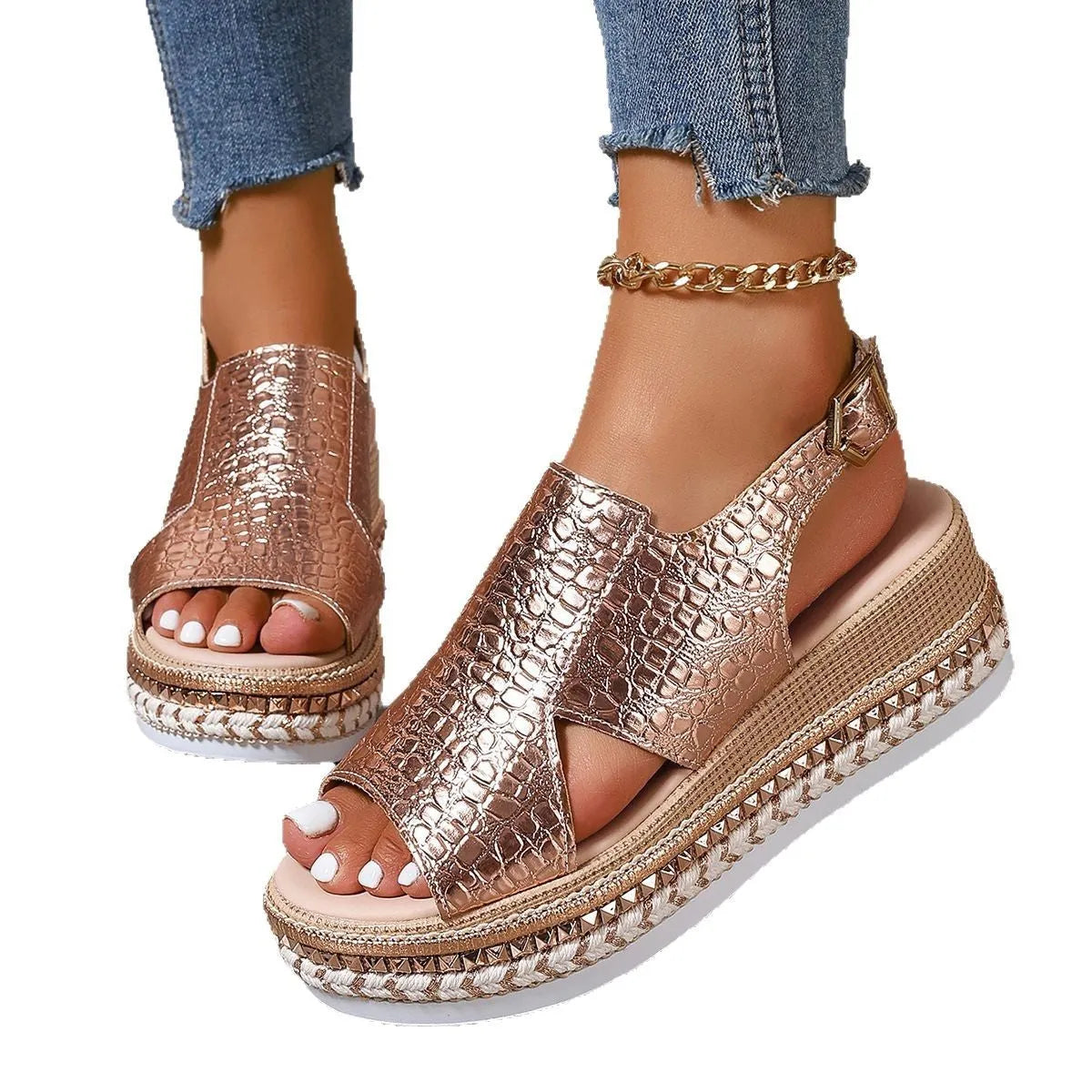 Gold women's Roman sandals with round toe, openwork design and ankle buckle strap