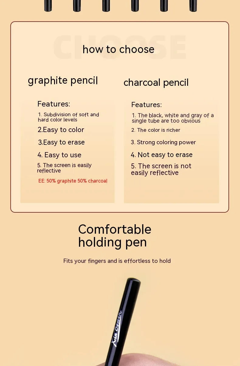 Set of six wood-free graphite full lead sketching pencils in a range of grades from HB to EE.