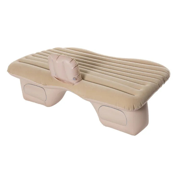 Inflatable car rear bed in black, grey, beige, or blue, 135cm by 80cm, with PVC and flocking surface and two pillows.