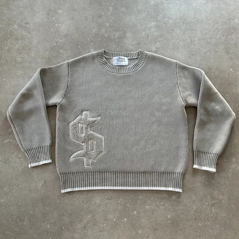 Grey loose-fitting jacquard knit coat for women, long sleeve pullover style.