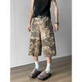 Yellow snake camouflage pattern cropped jeans in cotton denim fabric