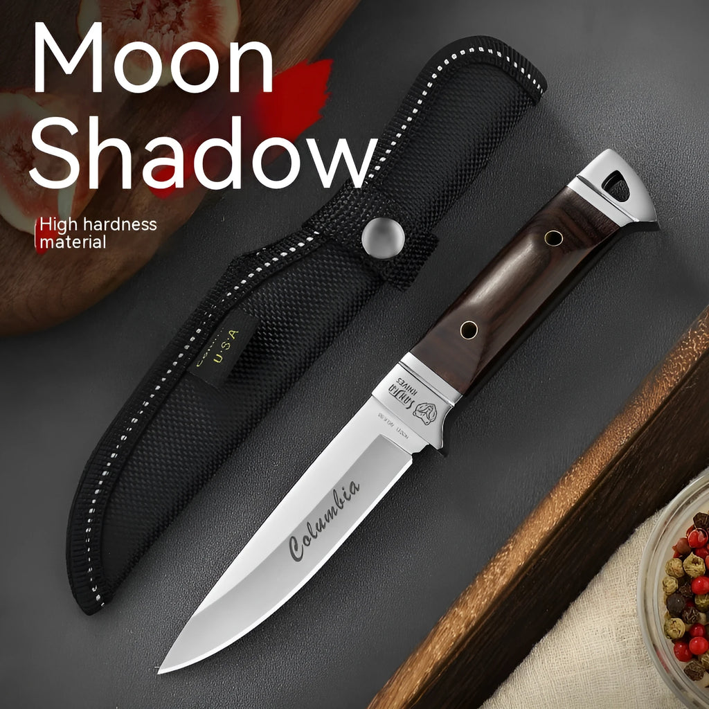 National style stainless steel camping fruit knife shown with its leather protective case.