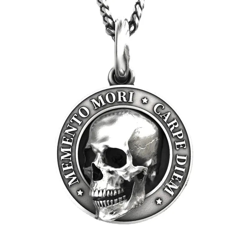 Antique silver stainless steel skull pendant on horsewhip chain with adjustable 51-80cm circumference