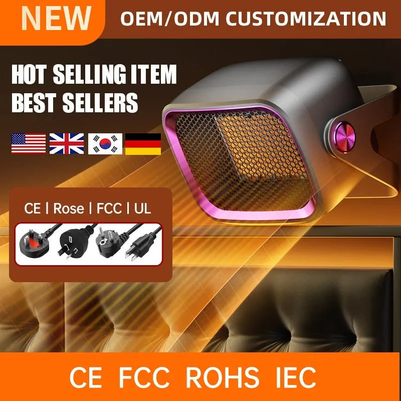 Compact desktop ceramic heater in white, khaki, or gray with rotating body and dual-speed controls