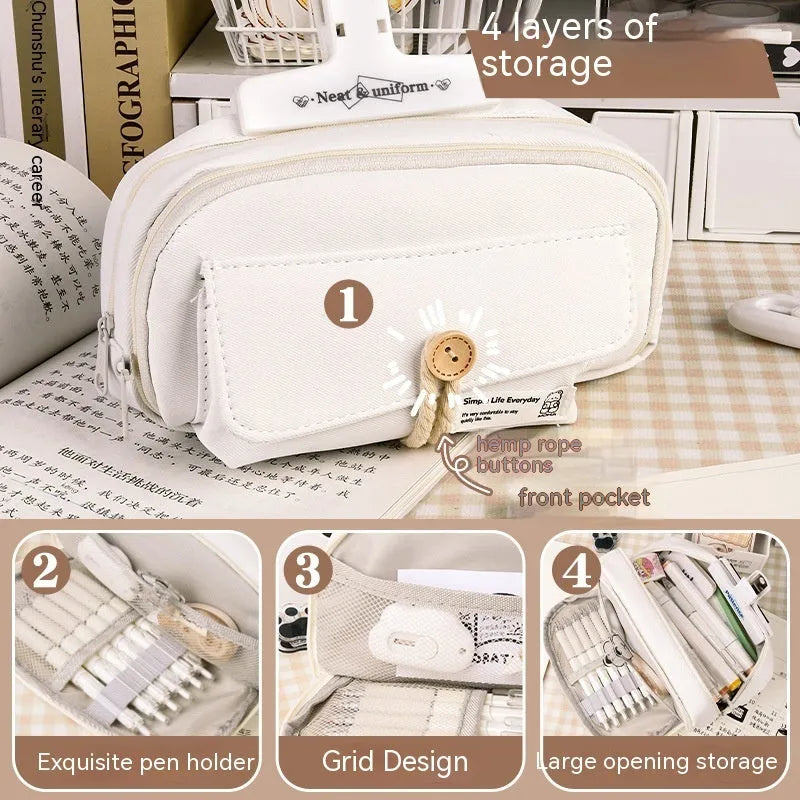 Large capacity canvas pencil case in green, holding multiple pens, simple Korean style design.