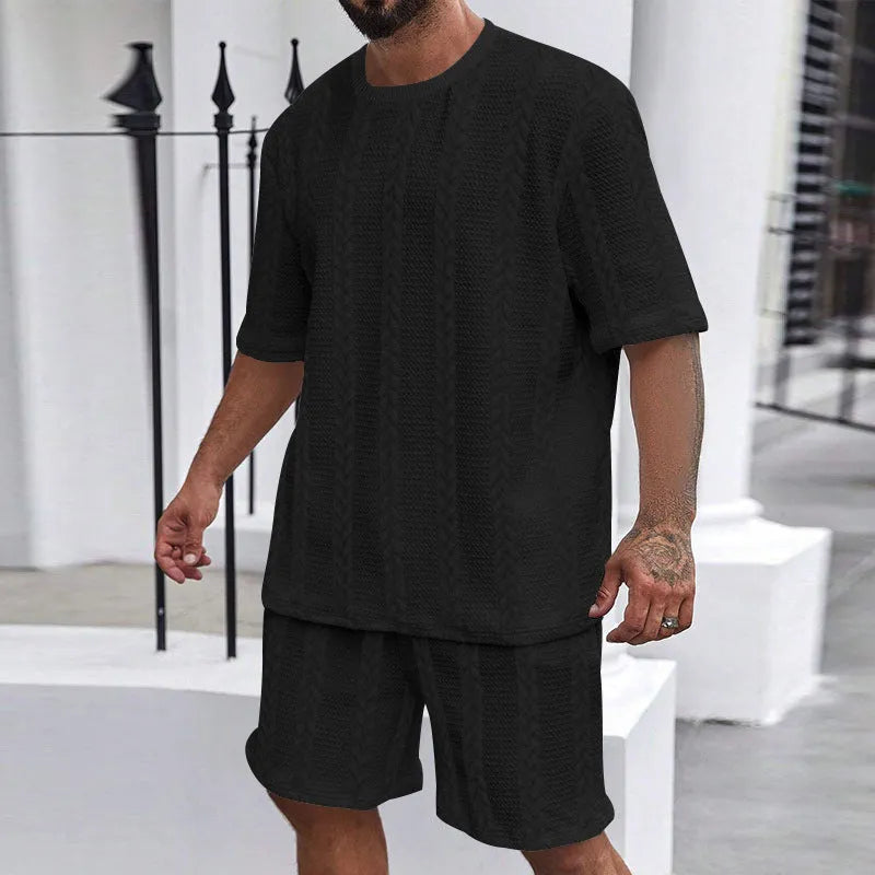 Knitted solid colour Jacquard short sleeve pullover top and matching shorts casual summer set.