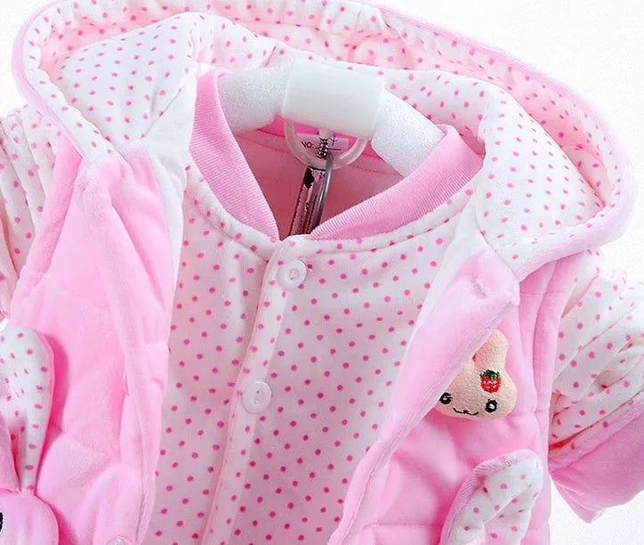 Baby girls pink autumn winter three-piece clothing set with jacket, pants, and vest