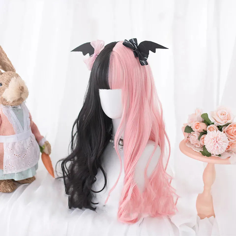 Black and pink long curly Harajuku Lolita wig with fringe for cosplay.