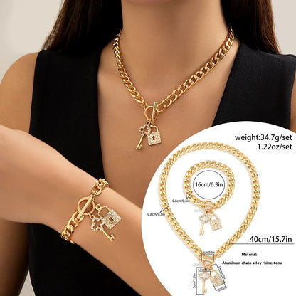 Thick chain necklace and bracelet set with shiny lock and key pendant for women