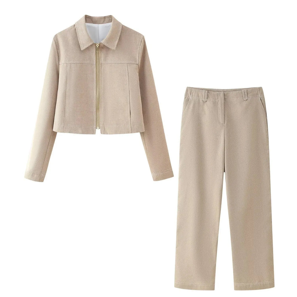 Women's herringbone pattern suit set with 3D embroidery jacket and trousers