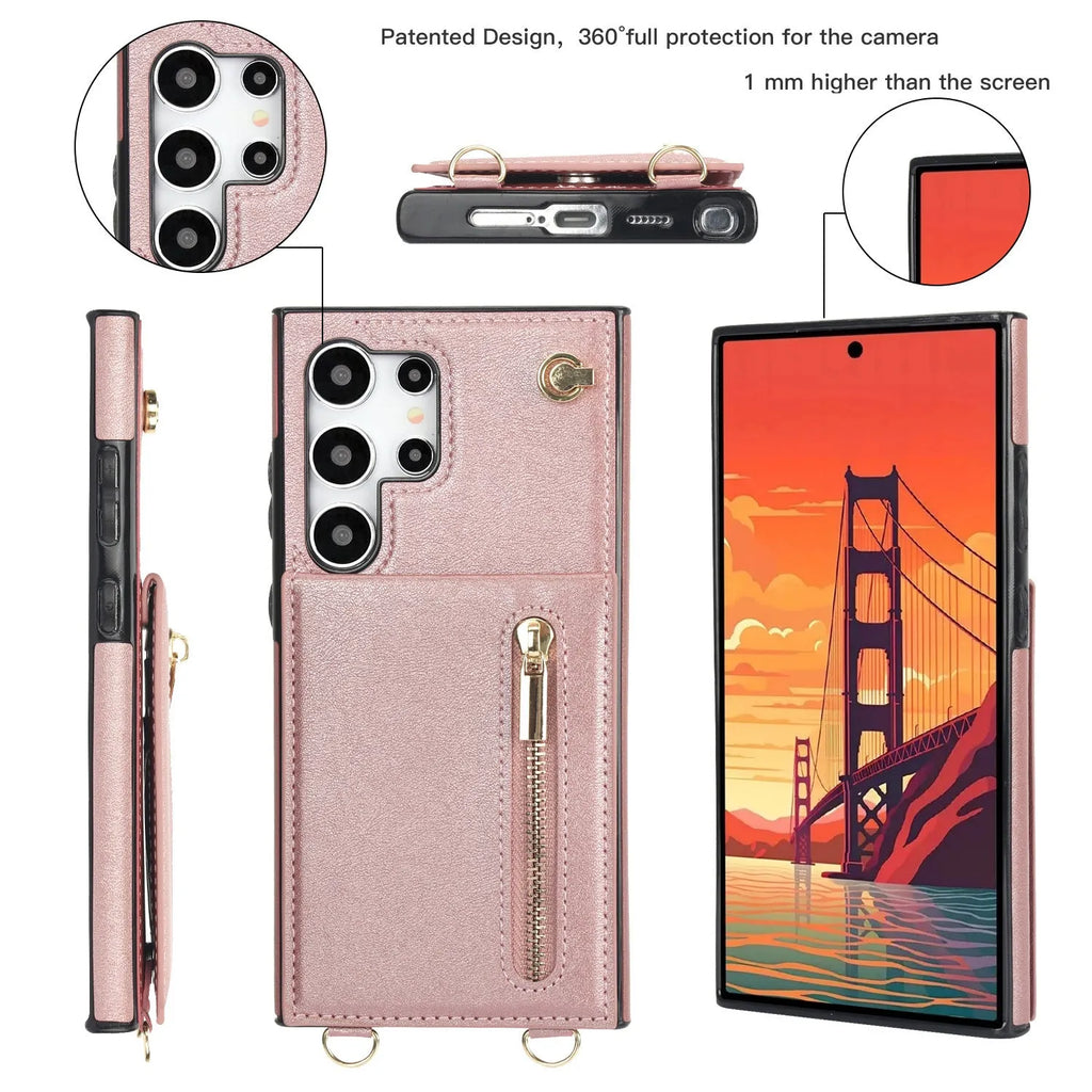 Black Samsung phone case with a crossbody strap, card slot, and folded kickstand visible on the back.