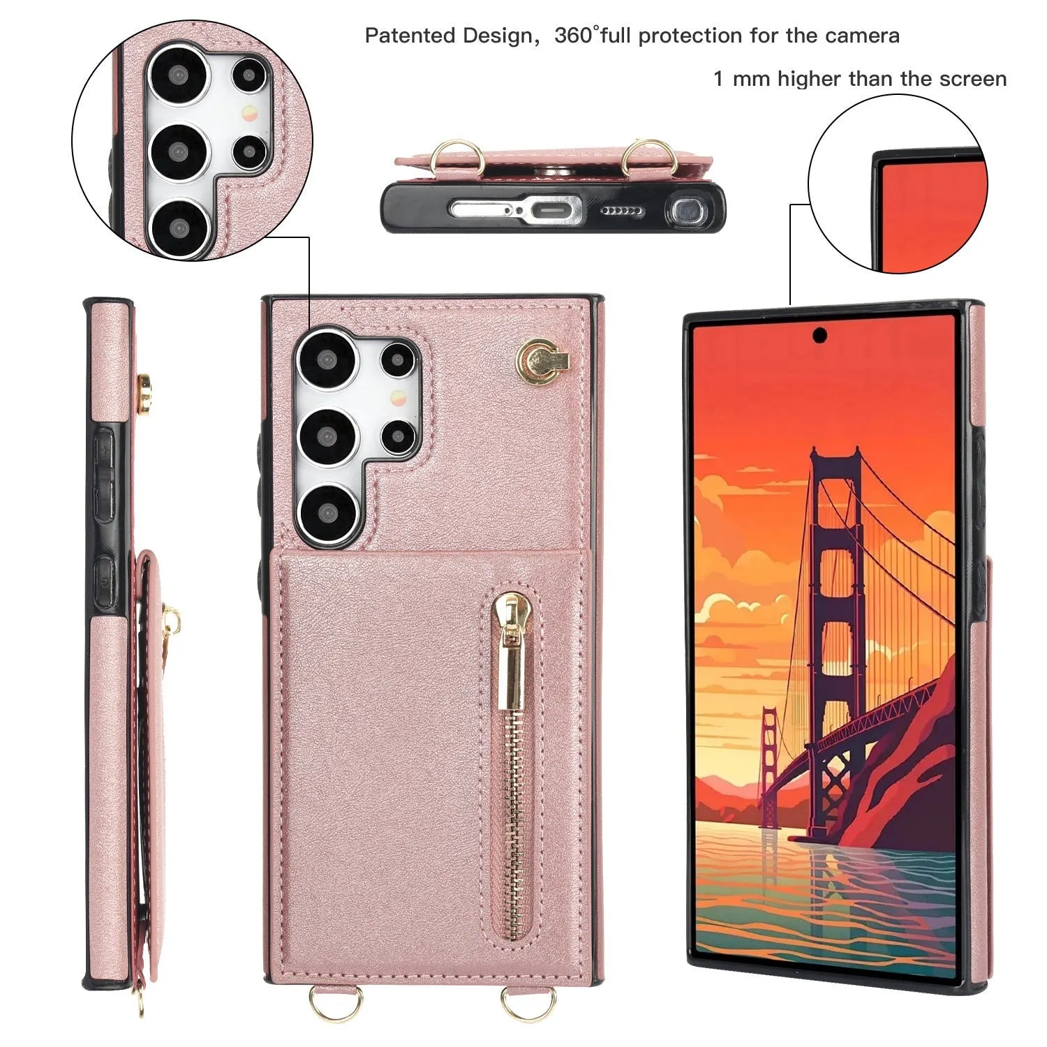 Black Samsung phone case with a crossbody strap, card slot, and folded kickstand visible on the back.