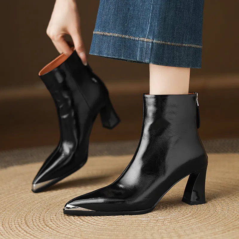 Women's genuine leather ankle boots with 3-5cm chunky heel, square toe, and side zipper in burgundy and black