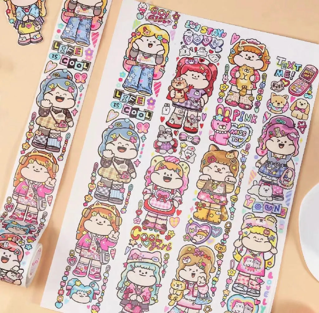 Sheet of cute cartoon character stickers for haemorrhoid tape packaging on Japanese paper.