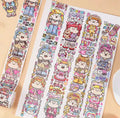 Sheet of cute cartoon character stickers for haemorrhoid tape packaging on Japanese paper.
