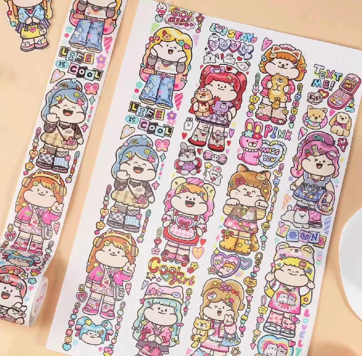 Sheet of cute cartoon character stickers for haemorrhoid tape packaging on Japanese paper.