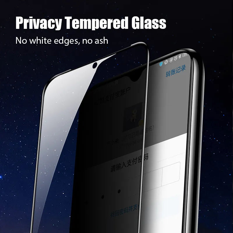 Anti-spy screen protector for Xiaomi Poco and Redmi Note smartphones showing privacy angle effect