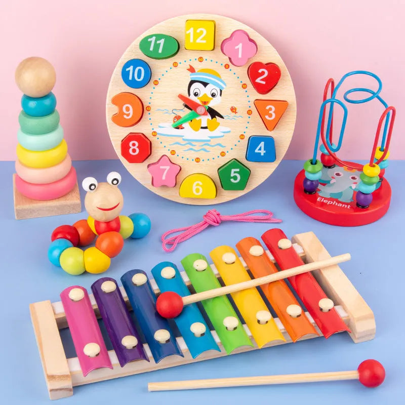 Wooden Orff children's eight-tone piano early education toy set with wooden toys in a Kraft box