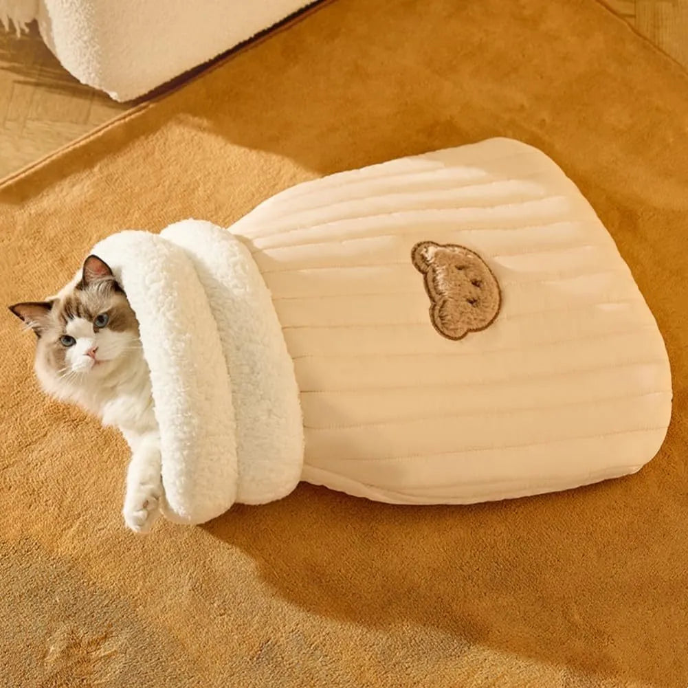 Plush cat sleeping bag in Blue, M size 44 x 37 cm, semi-enclosed cat bed cave for indoor cats and kittens