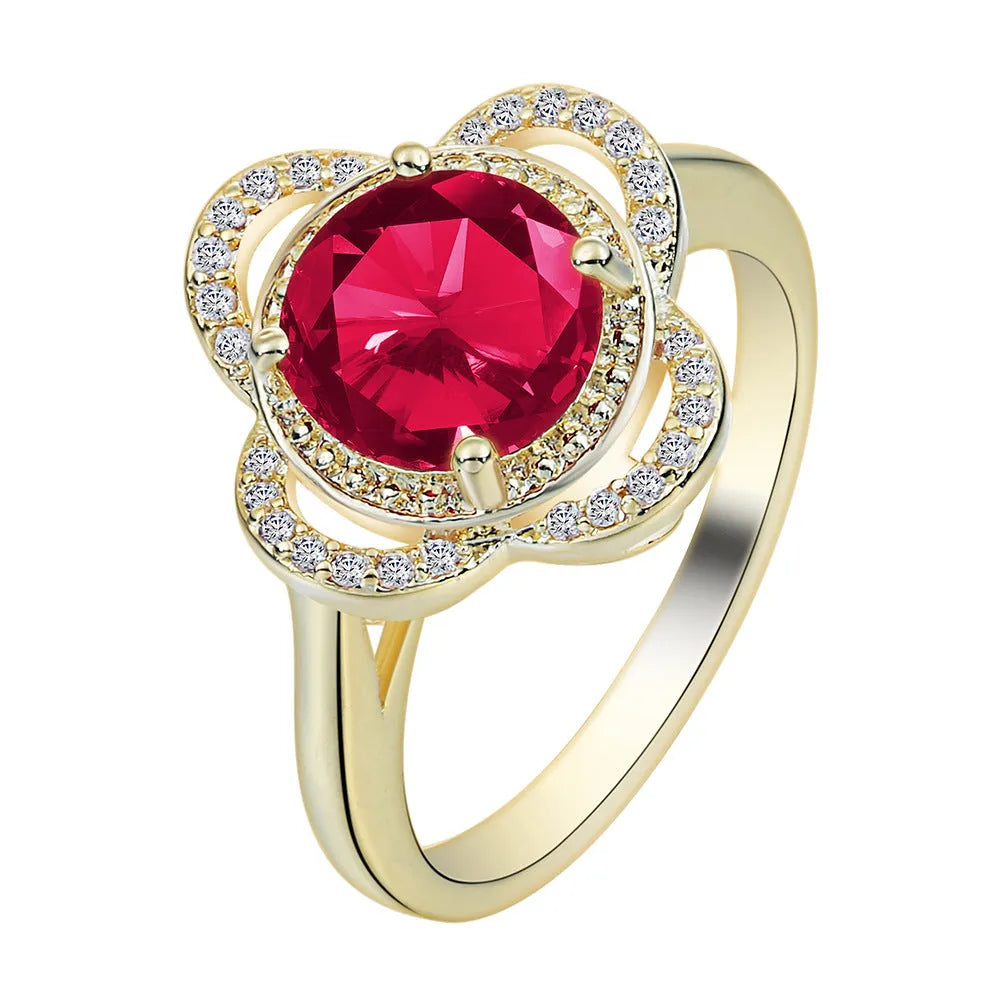 Copper zircon fruit-shaped ring with electroplated finish shown in size options
