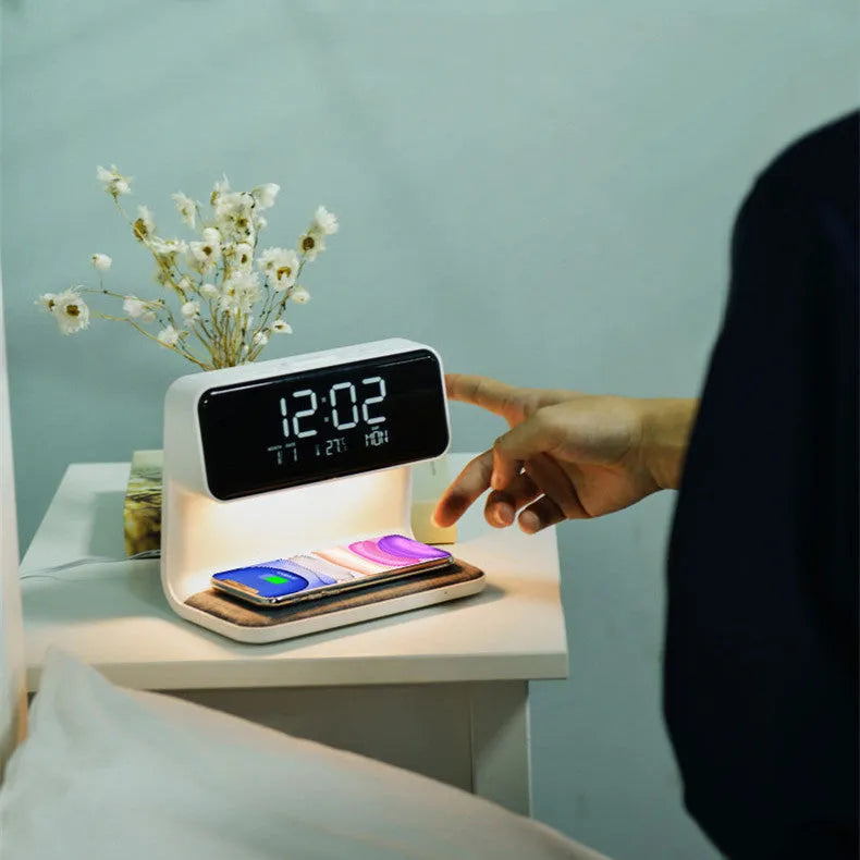 White 3-in-1 bedside lamp with wireless charging pad, LCD display, and ABS lampshade