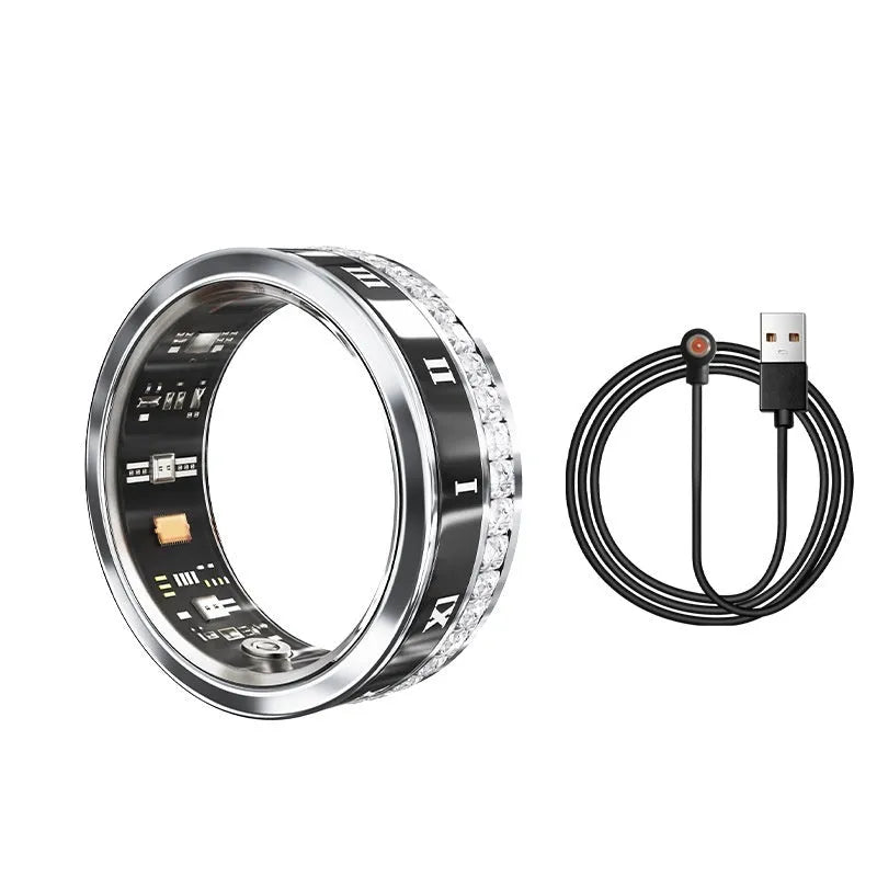 Gold and silver diamond inlaid smart ring for health and blood oxygen tracking on a finger.