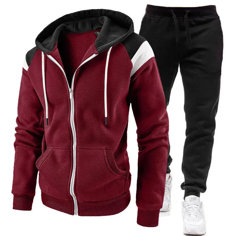 Men's polyester zip-up hoodie sweatshirt set in gray with matching trousers, front view