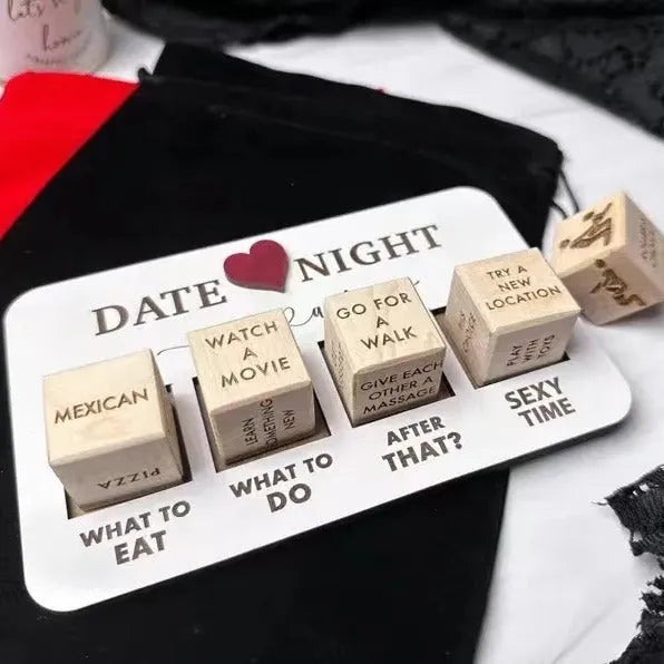 Wooden date night dice game set for couples showing five dice, a wooden planner board and a black storage bag.