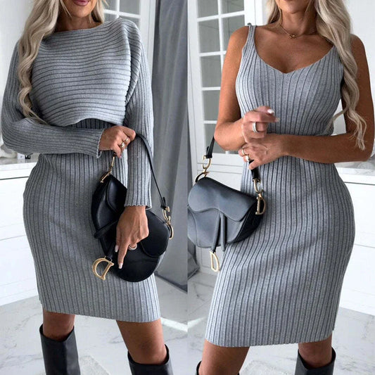 A stylish 2-piece outfit featuring a long-sleeve striped top and a suspender skirt in various colors and sizes.