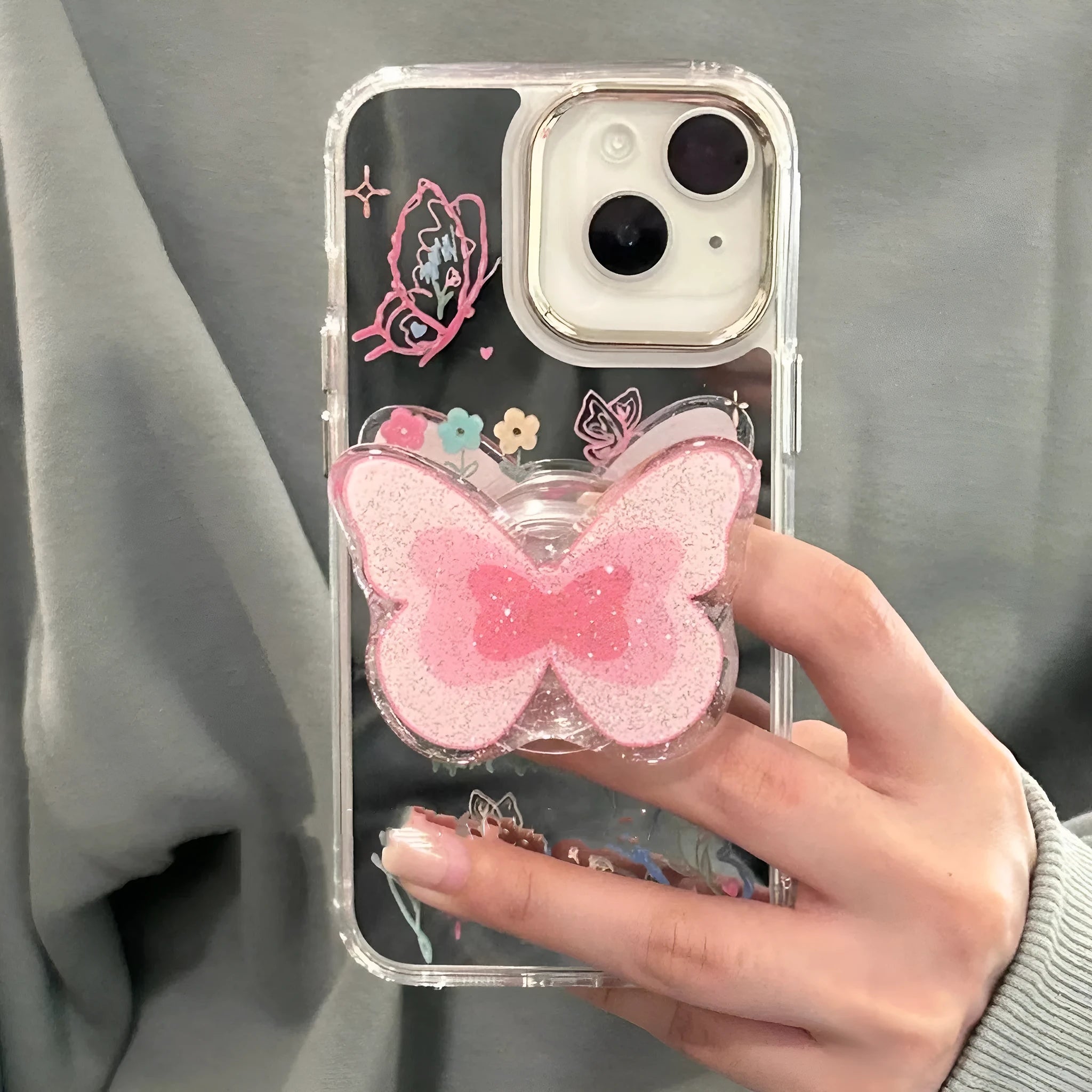 Mirror graffiti butterfly silicone phone case with bracket for iPhone 13