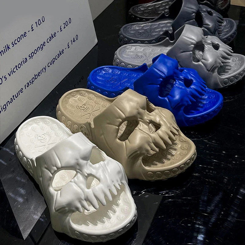 Spooky skull-patterned slide sandals in various colors, perfect for indoor and outdoor wear during the Halloween season