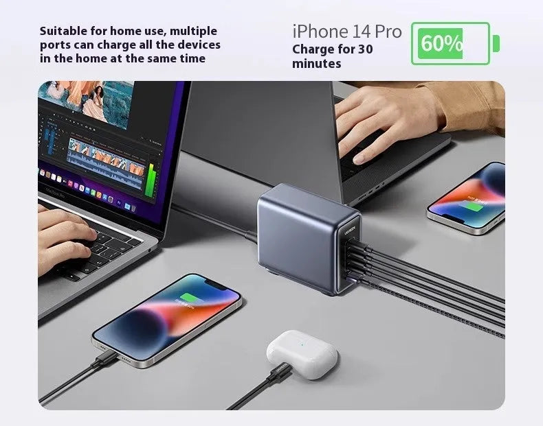 300W charging notebook charger head in Business Gray with 4C 1A interfaces, includes power cord and dual USB-C cable