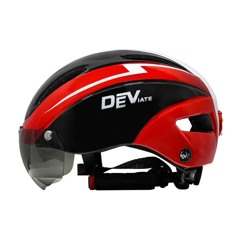 Adult cycling helmet with integrated red taillight on the back, shown in a blue, white, and black colour scheme.