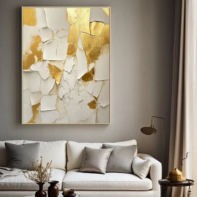 Golden and white textured handmade abstract oil painting on canvas, unframed, vertical orientation