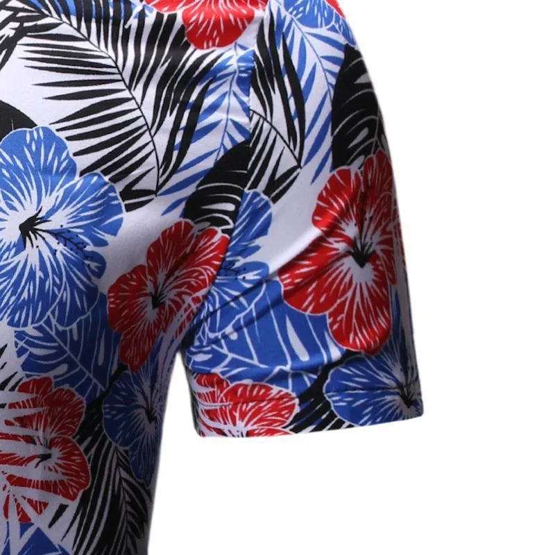 Men's white polyester square collar floral short-sleeved beach shirt