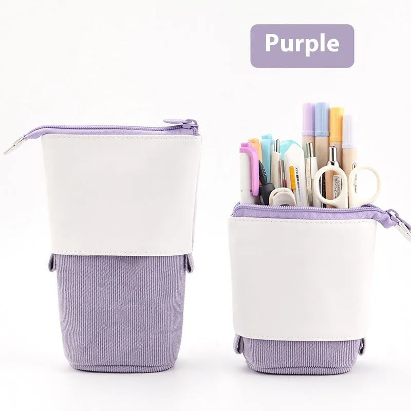 Korean style telescopic drop-down stationery case in coloured PU corduroy on a cotton and linen base.