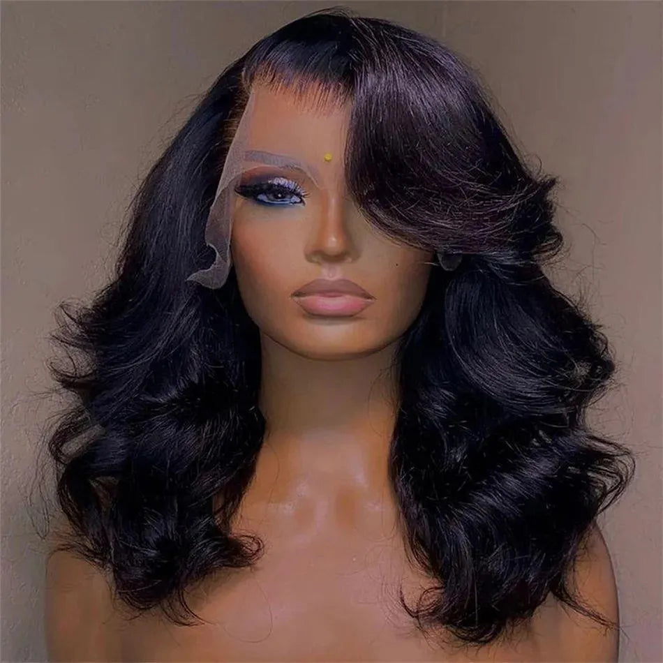 Women's black solid colour transparent lace forehead wig with short curly hair