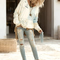White women's long sleeve digital print pullover top with 3D patch pocket, loose casual sweater