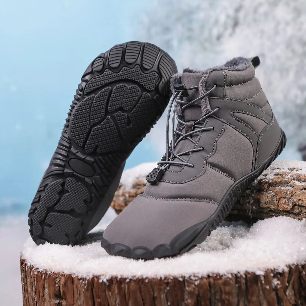 Waterproof five-finger fleece-lined snow boots with a rubber outsole in beige, black, grey, or wine red.