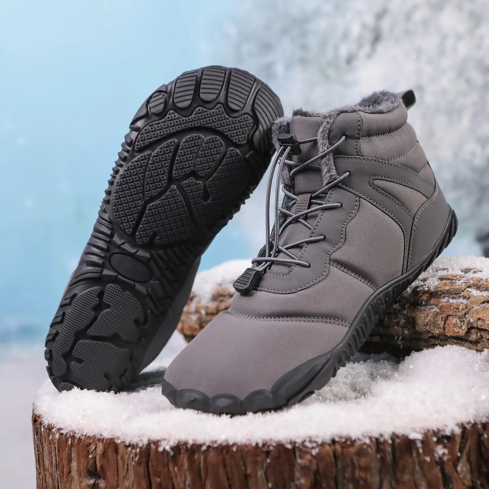 Waterproof five-finger fleece-lined snow boots with a rubber outsole in beige, black, grey, or wine red.