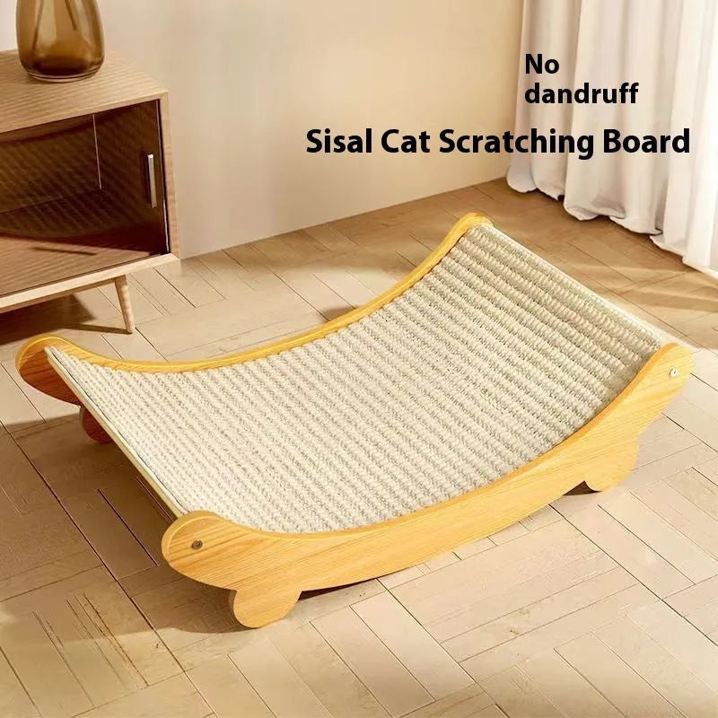 A pastoral-style sisal cat scratch board shown in two available sizes on a wooden floor.
