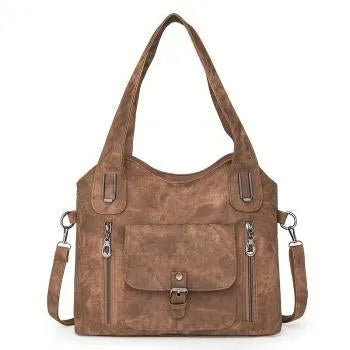 Soft synthetic leather vintage handbag with metal elements, available in blue, brown, khaki, beige, black, gray, and light blue.