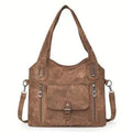 Soft synthetic leather vintage handbag with metal elements, available in blue, brown, khaki, beige, black, gray, and light blue.