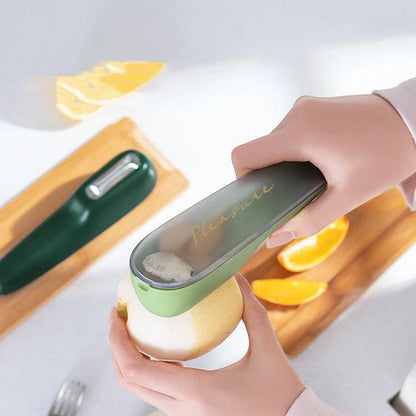 Versatile peeling and scraping tool with stainless steel blade, non-slip handle, and storage tube for convenient kitchen organization